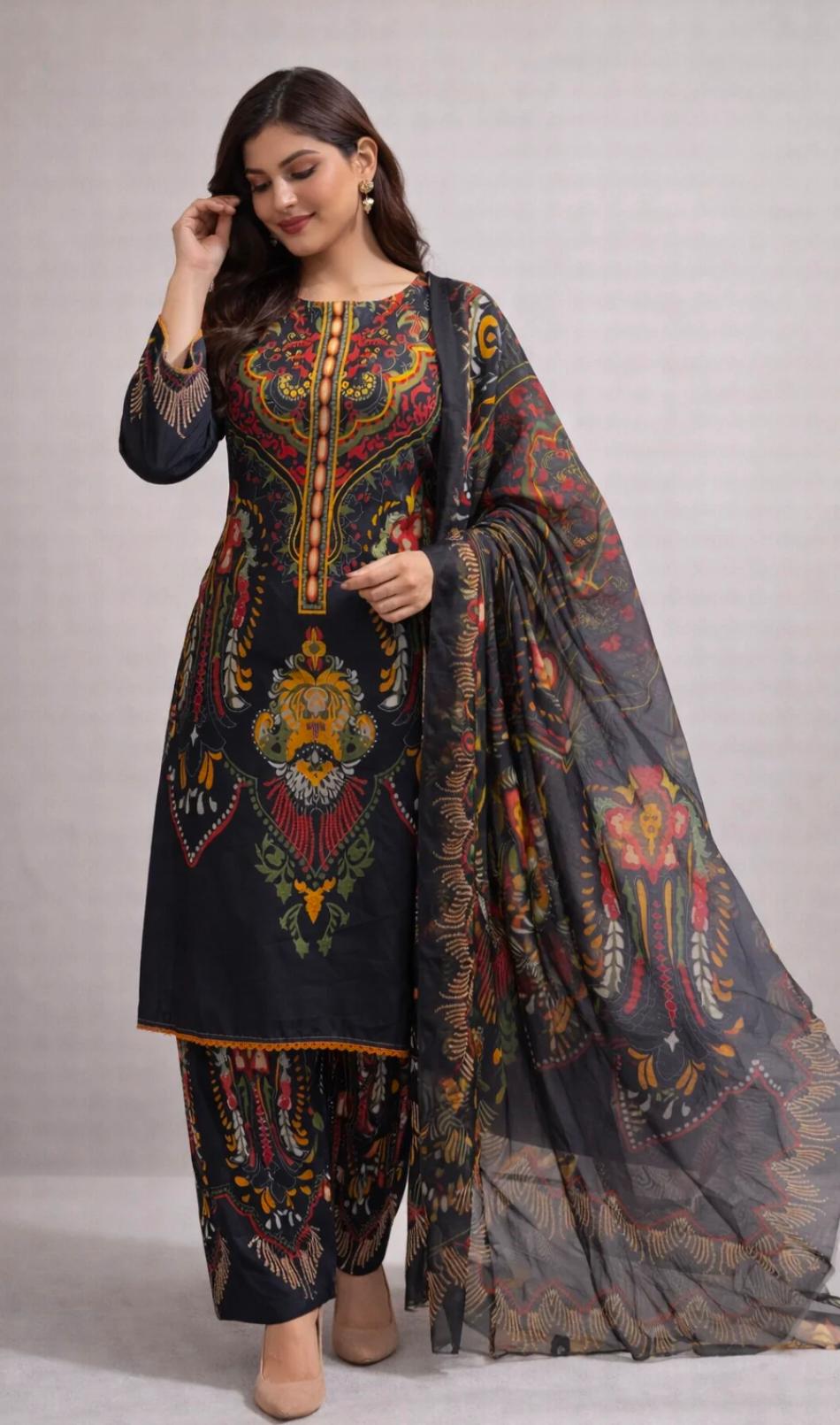 Elegant Black Digital Printed 3-Piece Lawn Suit with Chiffon Dupatta
