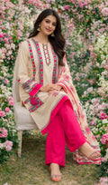 Elegant Beige & Hot Pink 3-Piece Printed Lawn Suit for Women