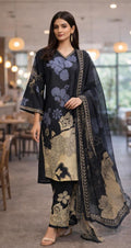 Midnight Bloom Printed 3-Piece Lawn Suit with Chiffon Dupatta
