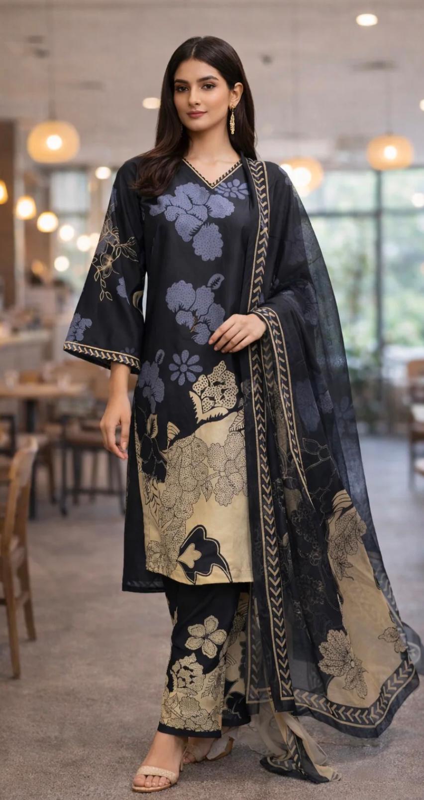 Midnight Bloom Printed 3-Piece Lawn Suit with Chiffon Dupatta