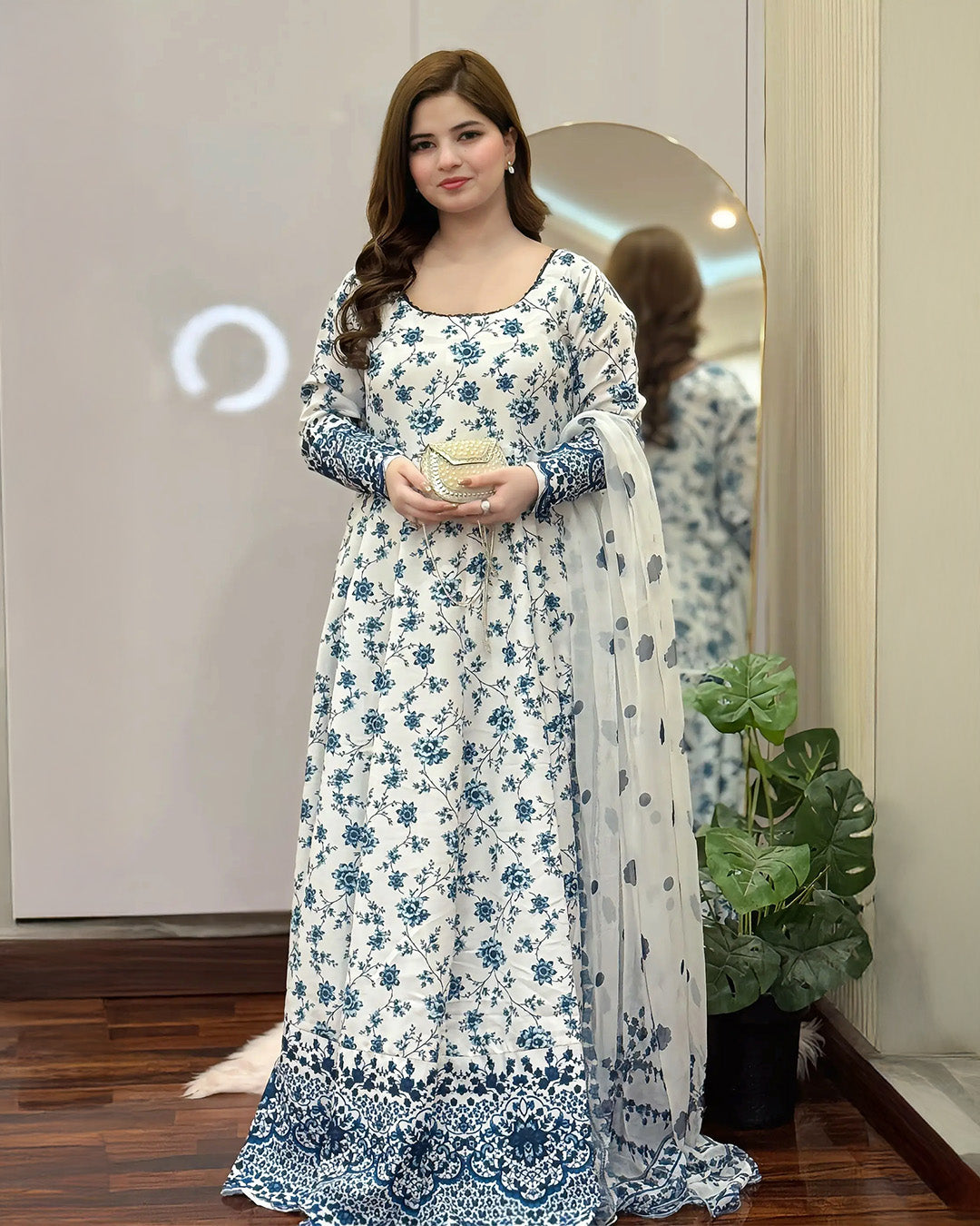 Blue Blossom Printed 3 Piece Maxi Suit with Chiffon Dupatta