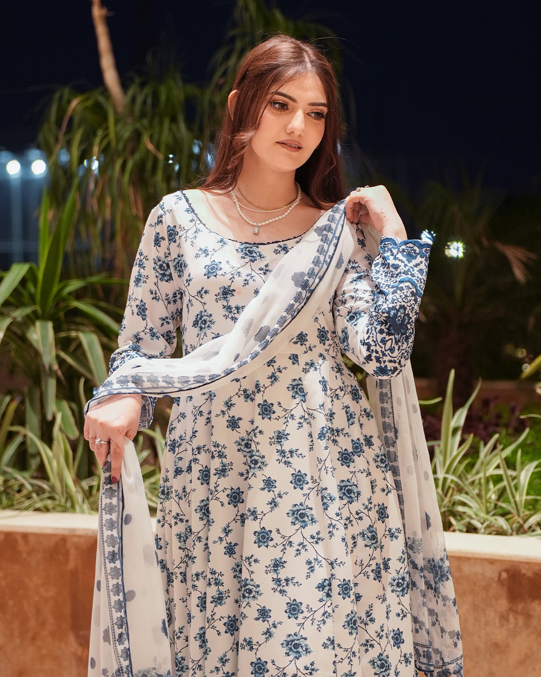 Blue Blossom Printed 3 Piece Maxi Suit with Chiffon Dupatta