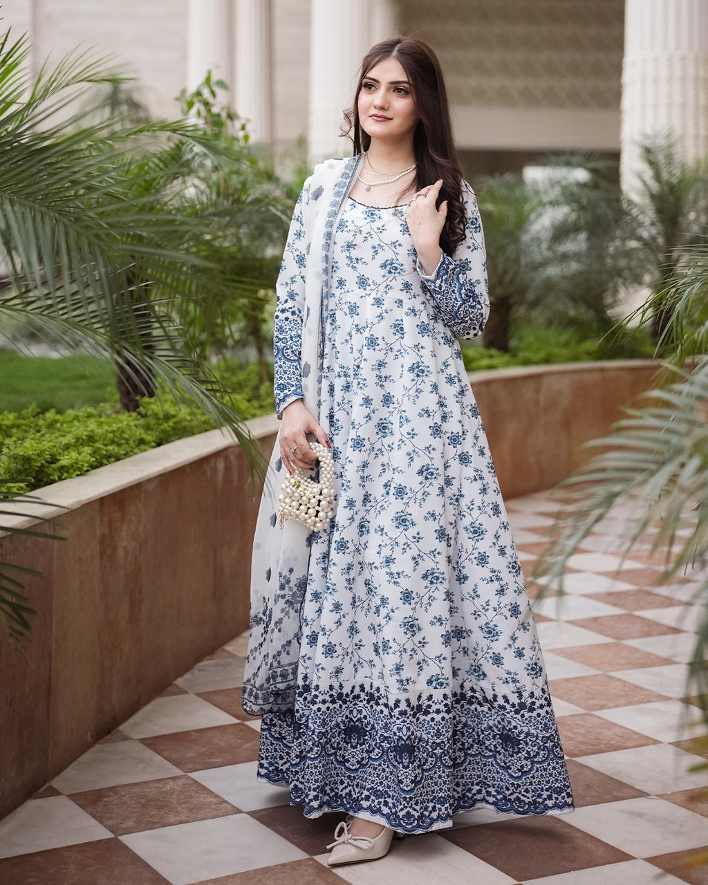 Blue Blossom Printed 3 Piece Maxi Suit with Chiffon Dupatta