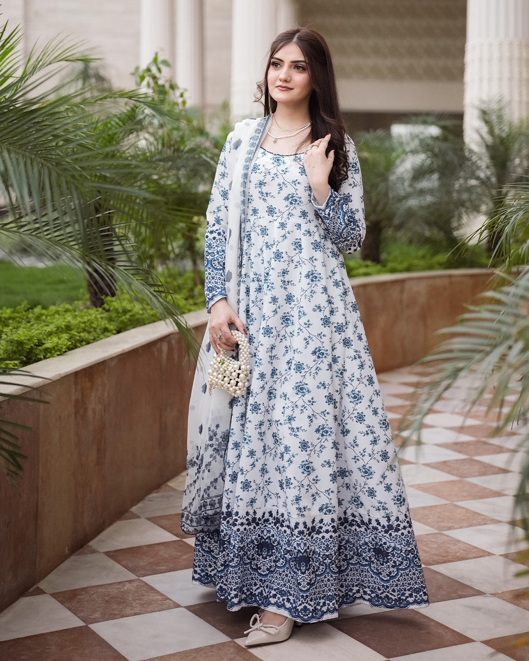 Blue Blossom Printed 3 Piece Maxi Suit with Chiffon Dupatta