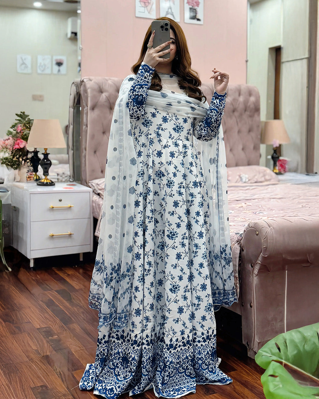 Blue Blossom Printed 3 Piece Maxi Suit with Chiffon Dupatta