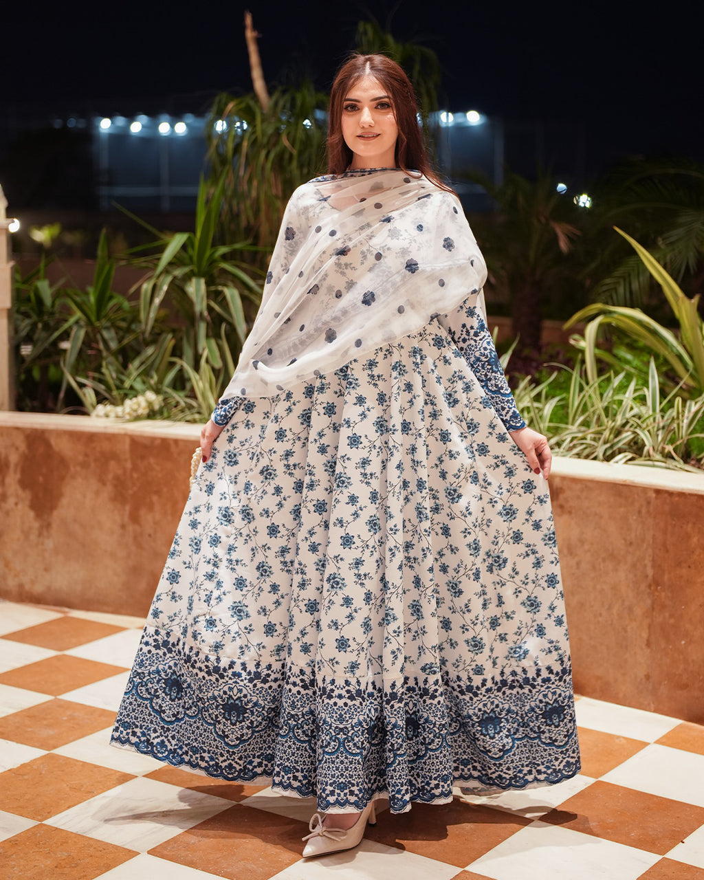 Blue Blossom Printed 3 Piece Maxi Suit with Chiffon Dupatta