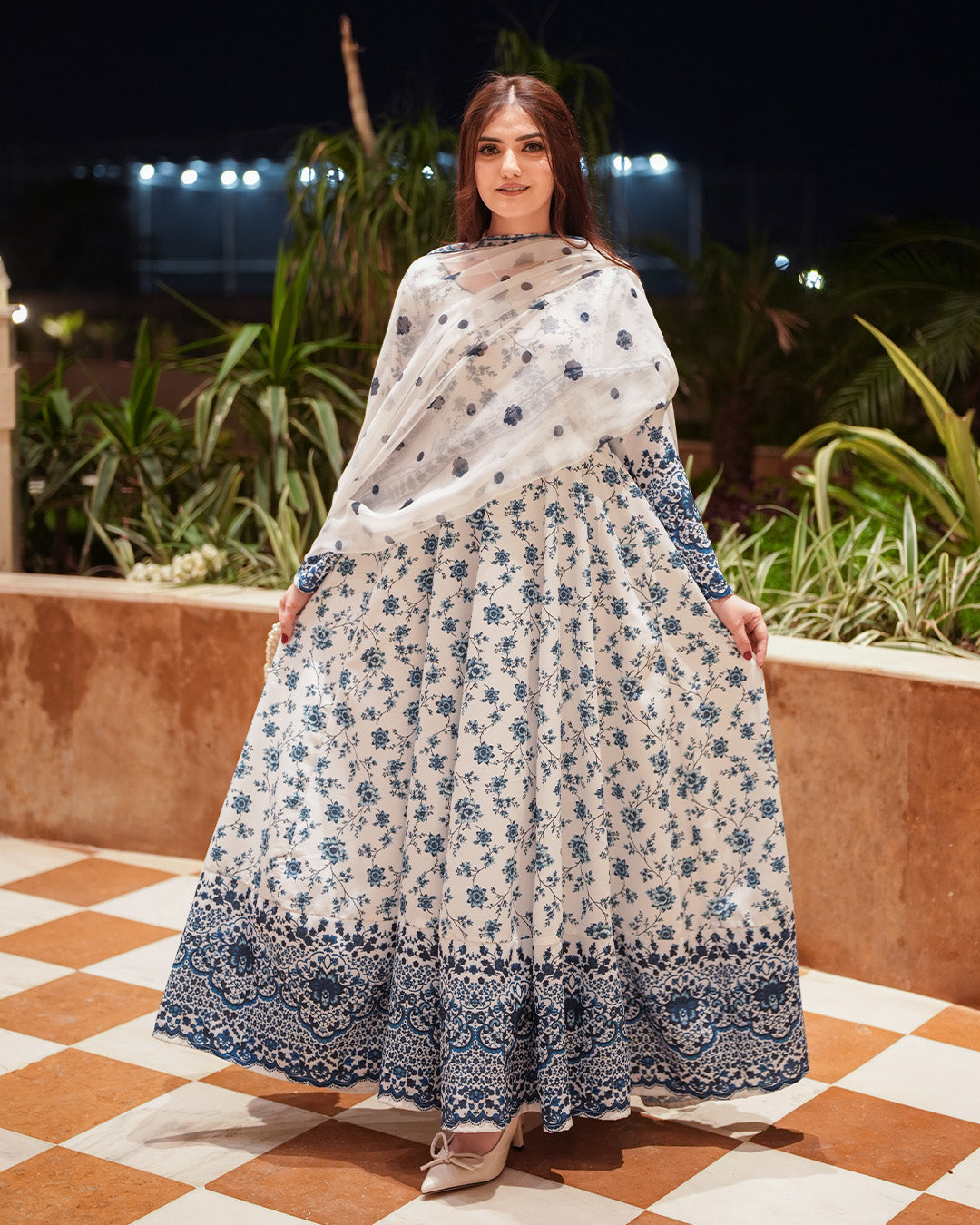 Blue Blossom Printed 3 Piece Maxi Suit with Chiffon Dupatta