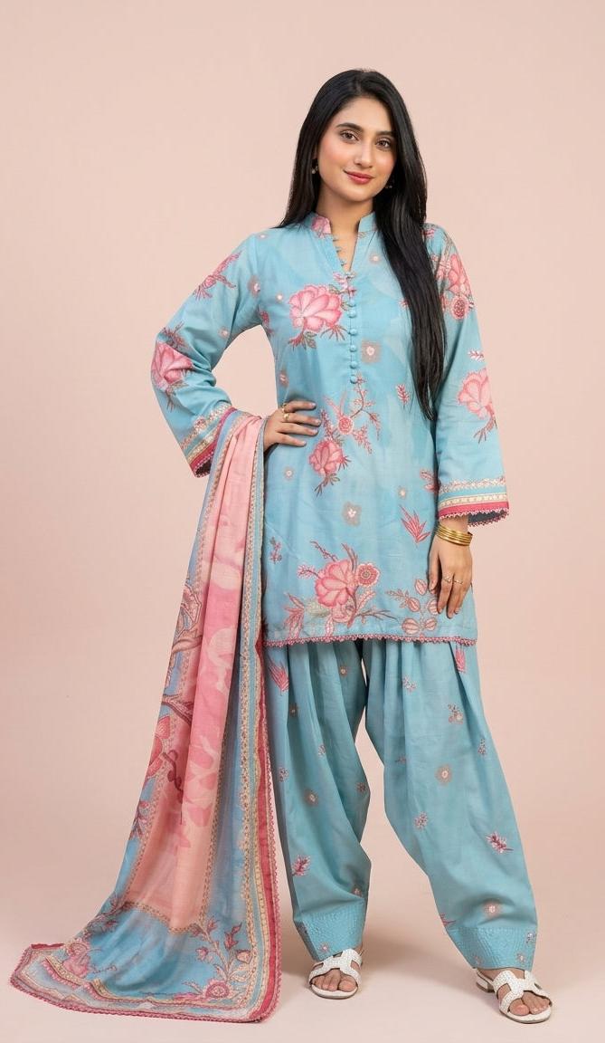 Sky Bloom Embroidered 3-Piece Lawn Suit – Aqua Blue & Blush Pink