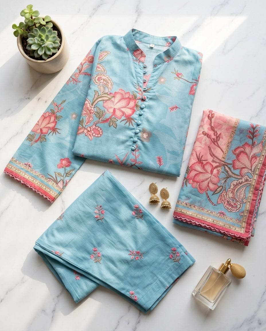 Sky Bloom Embroidered 3-Piece Lawn Suit – Aqua Blue & Blush Pink
