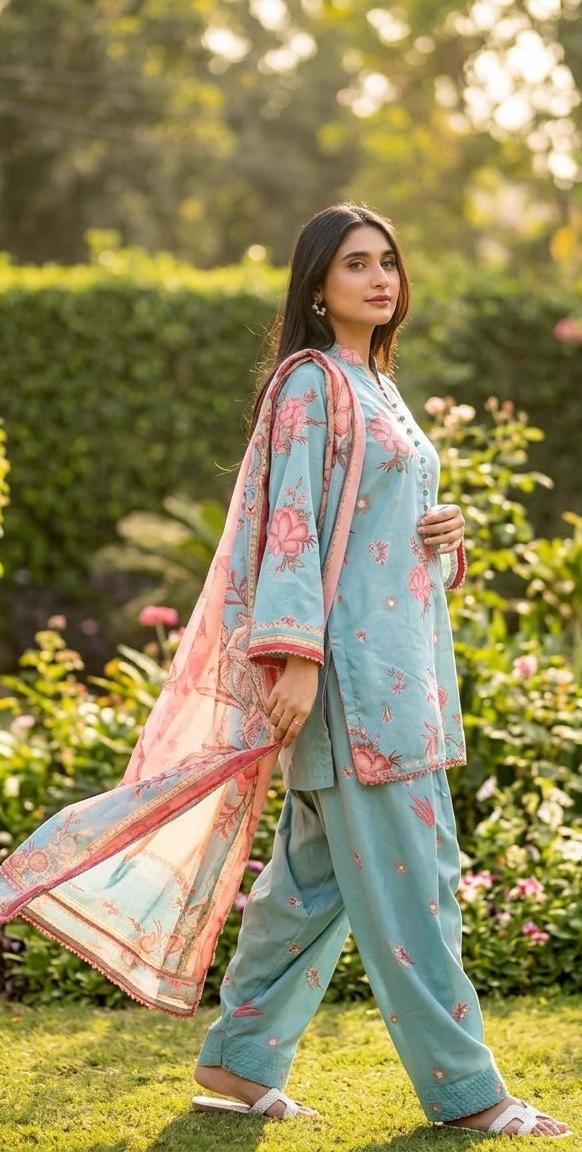 Sky Bloom Embroidered 3-Piece Lawn Suit – Aqua Blue & Blush Pink