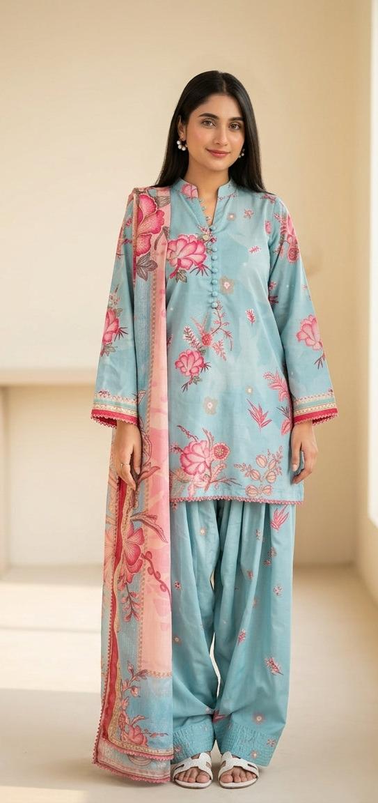 Sky Bloom Embroidered 3-Piece Lawn Suit – Aqua Blue & Blush Pink