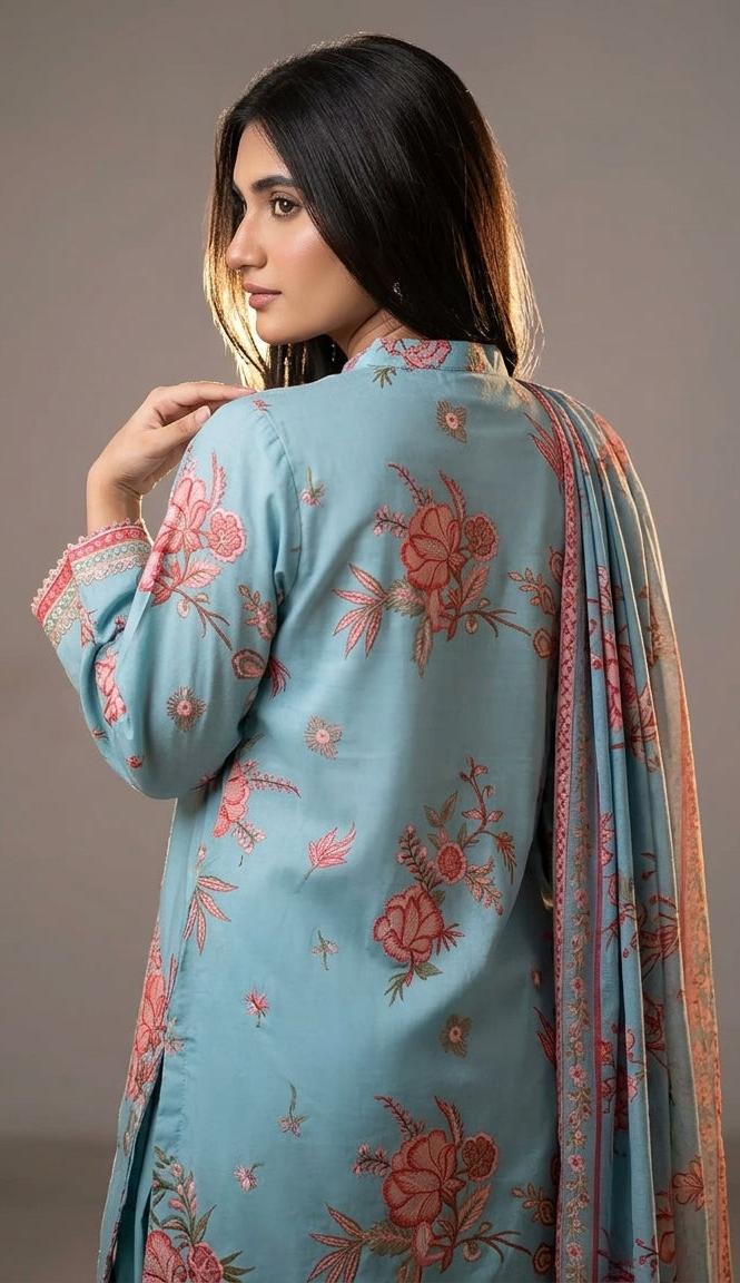 Sky Bloom Embroidered 3-Piece Lawn Suit – Aqua Blue & Blush Pink