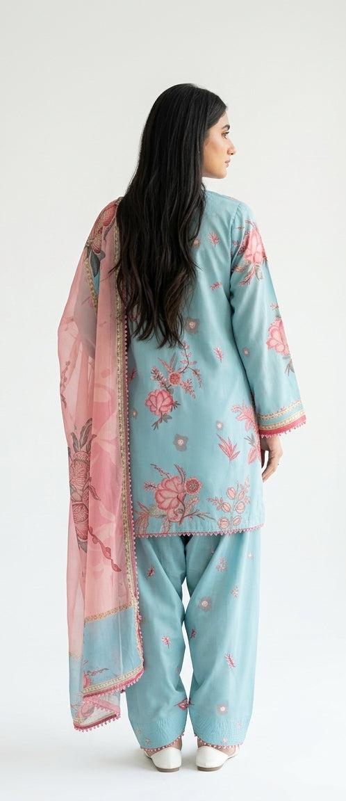 Sky Bloom Embroidered 3-Piece Lawn Suit – Aqua Blue & Blush Pink