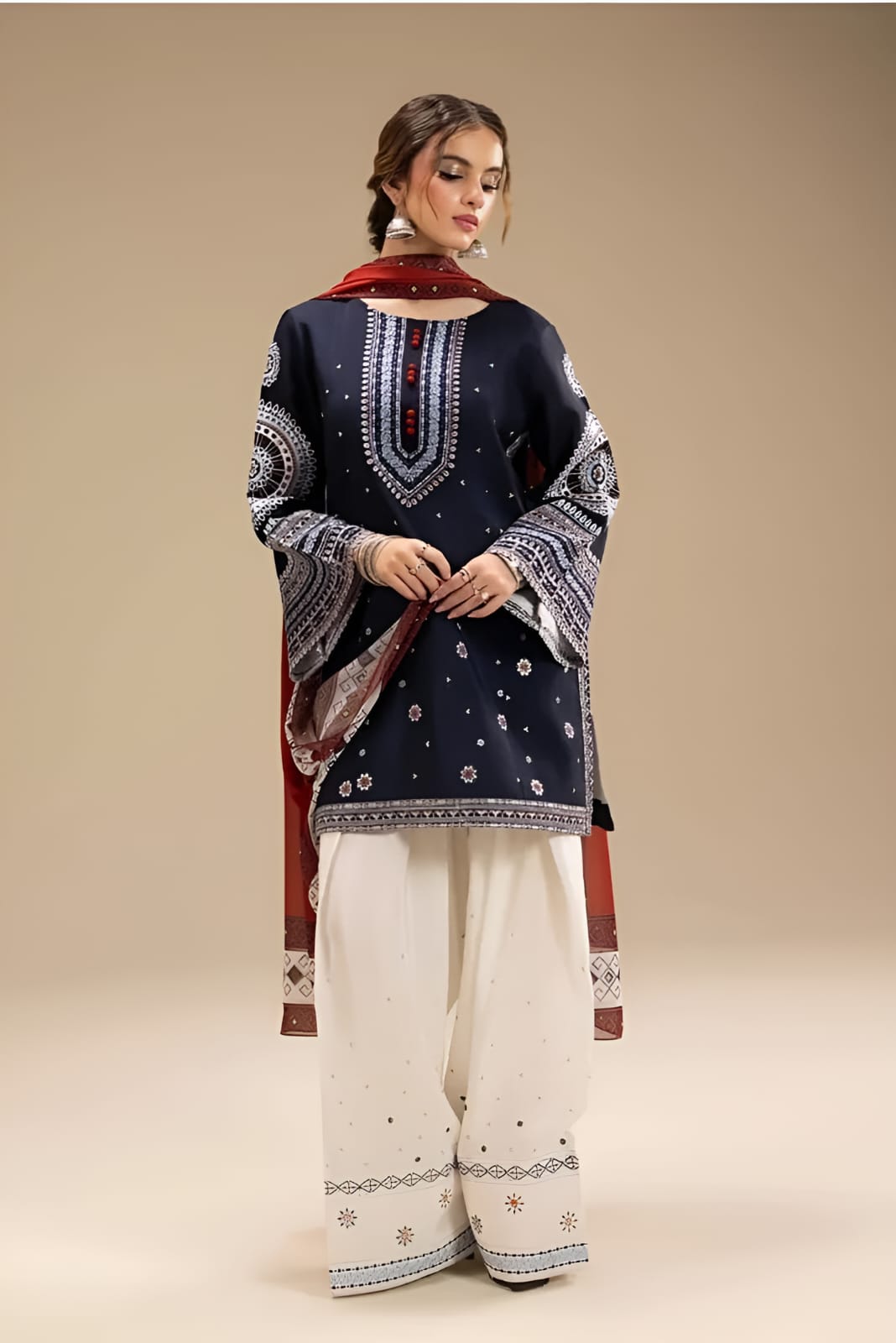 Midnight Elegance Embroidered 3-Piece Lawn Suit – Navy Blue & Ivory