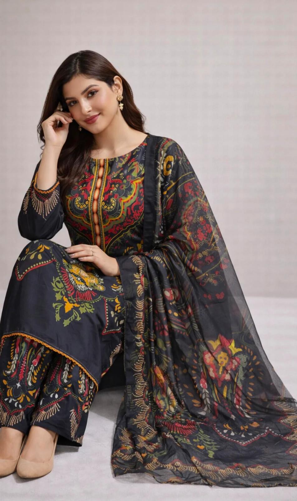 Elegant Black Digital Printed 3-Piece Lawn Suit with Chiffon Dupatta