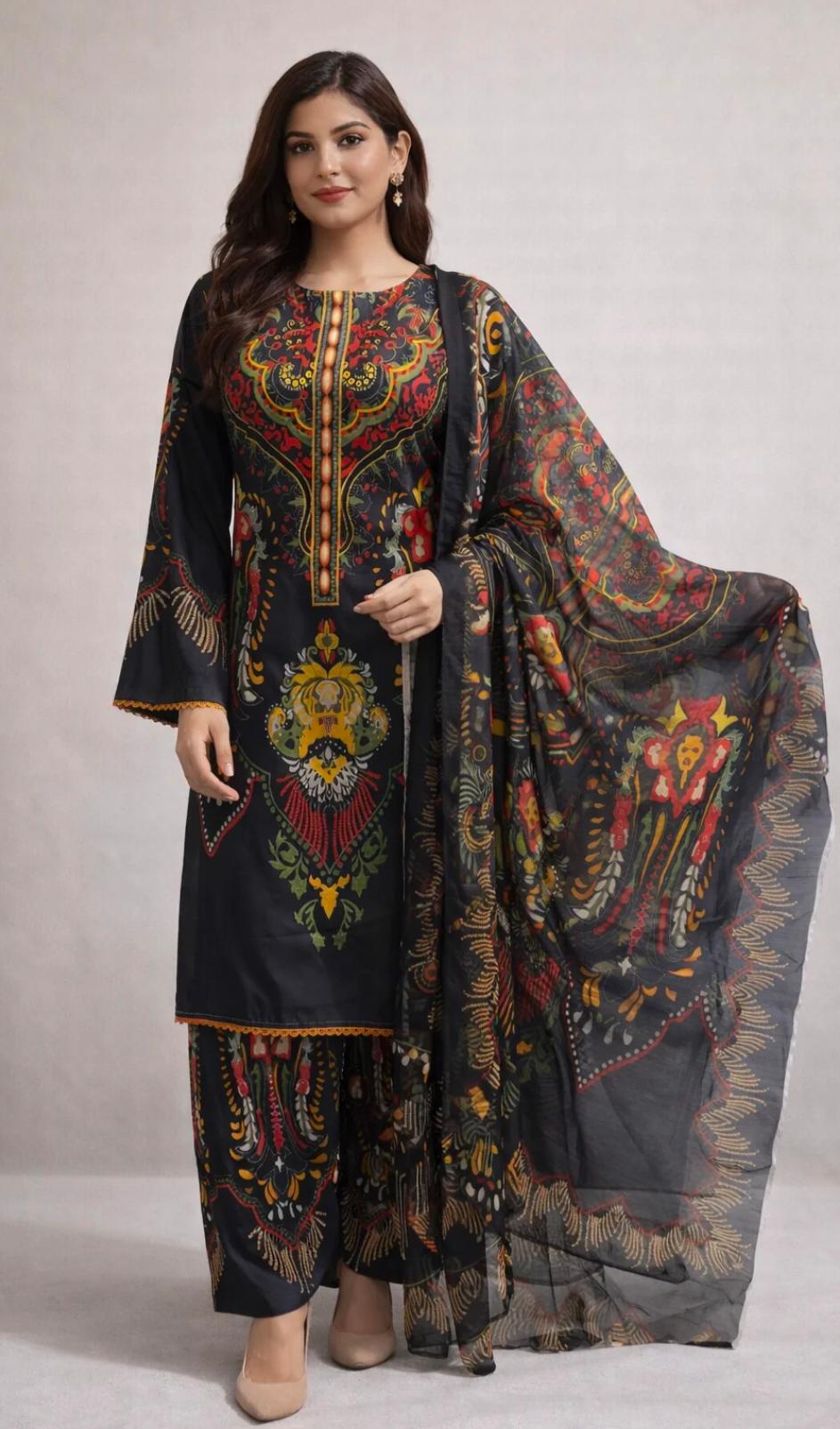Elegant Black Digital Printed 3-Piece Lawn Suit with Chiffon Dupatta