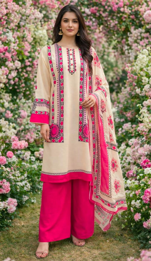 Elegant Beige & Hot Pink 3-Piece Printed Lawn Suit for Women