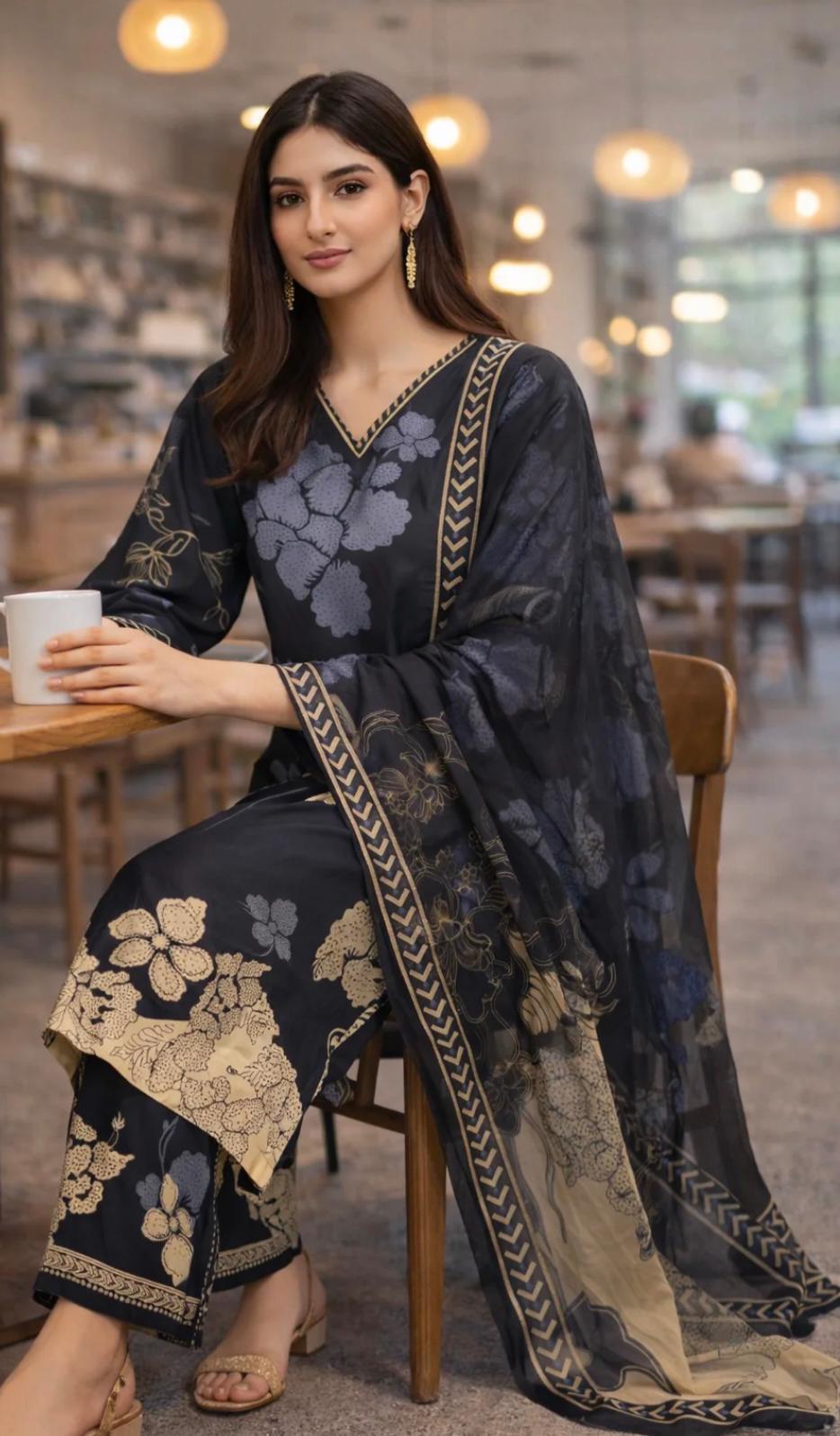 Midnight Bloom Printed 3-Piece Lawn Suit with Chiffon Dupatta
