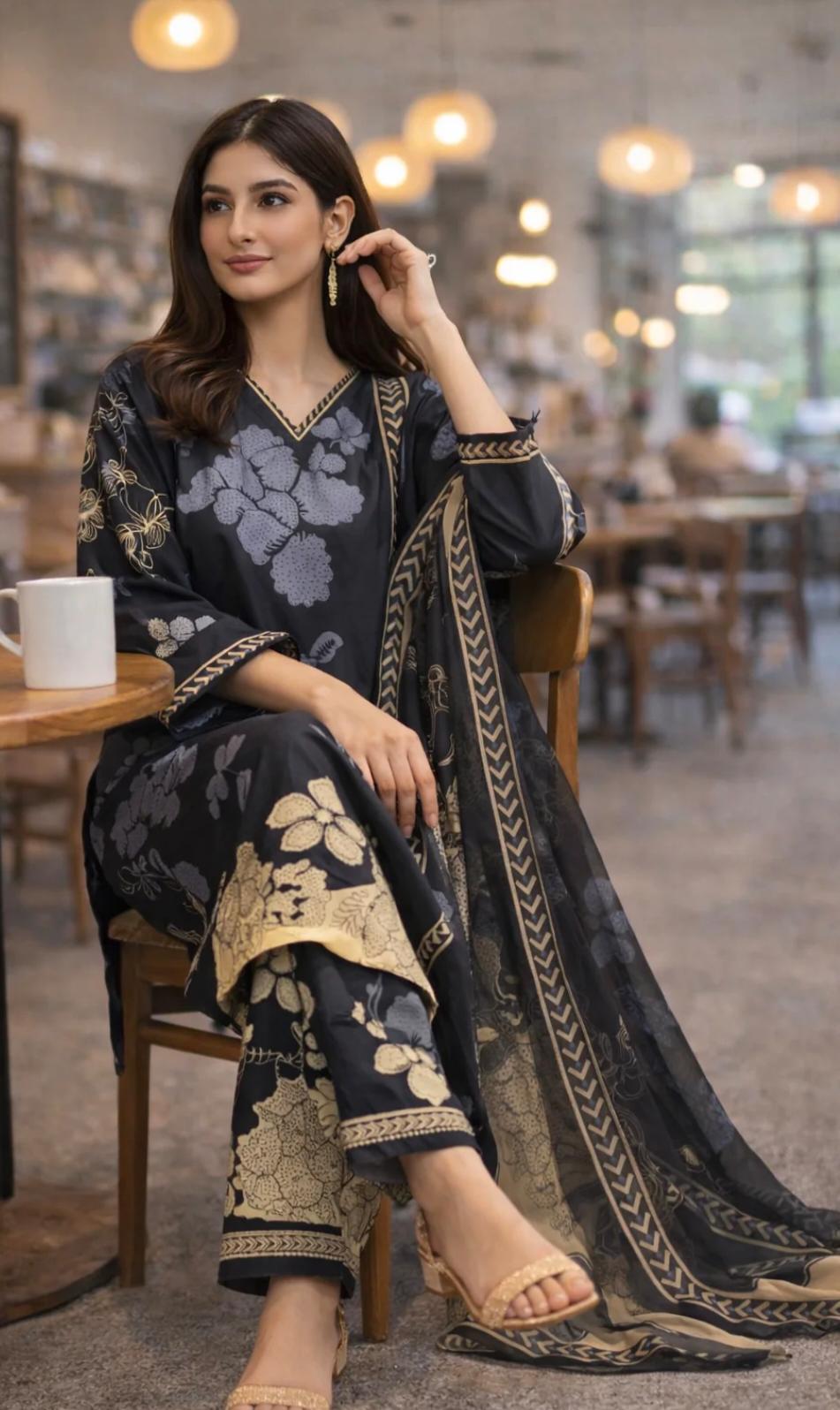 Midnight Bloom Printed 3-Piece Lawn Suit with Chiffon Dupatta
